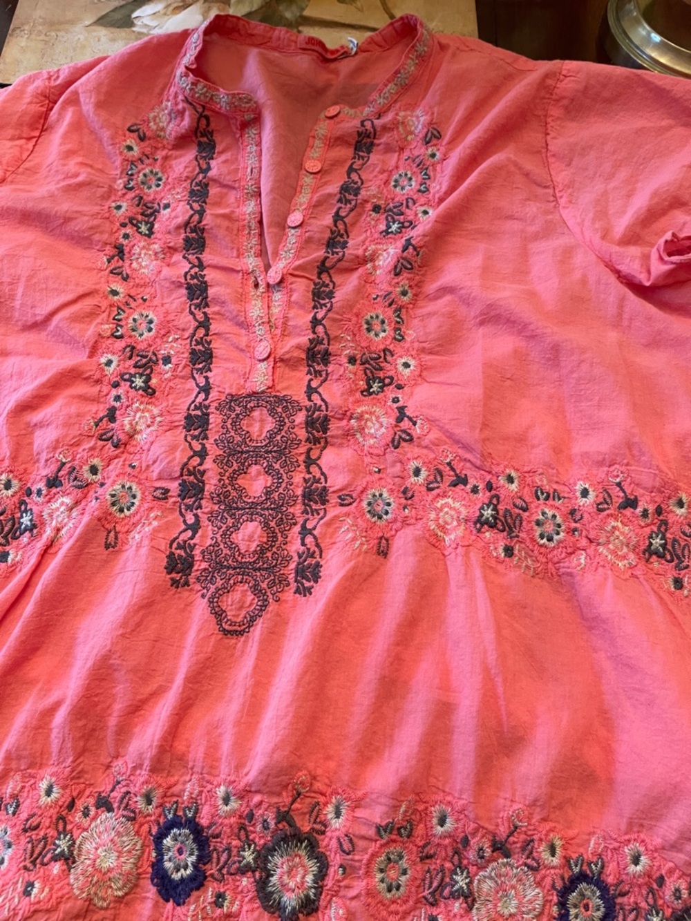 Johnny Was Coral Pink Embroidered Tunic Blouse